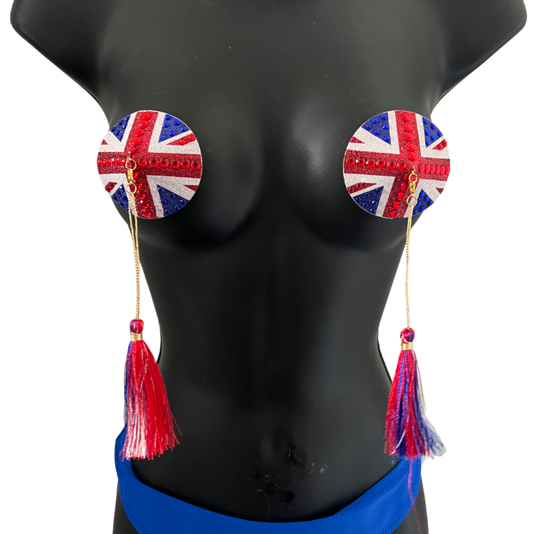 POSH Union Jack Glitter &amp; Gem, cubrepezones (2 piezas) con borlas extraíbles para lencería carnaval burlesque rave