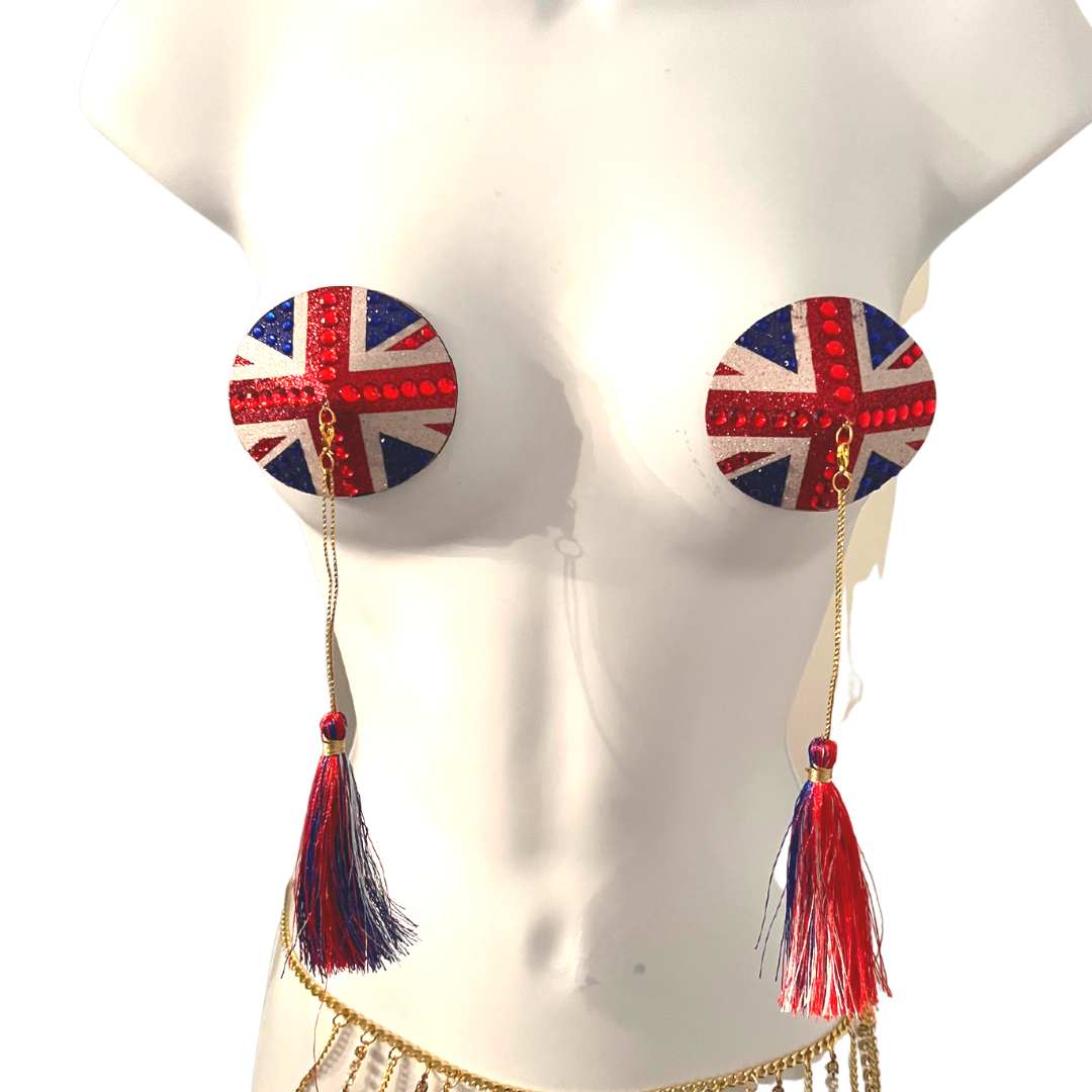 POSH Union Jack Glitter & Gem, Nipple Cover (2pcs) Pasties with Removable Tassels for Lingerie Carnival Burlesque Rave