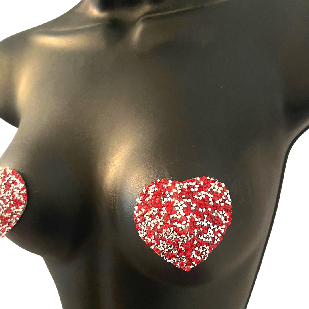 POPPY TART Red & Silver Heart Sprinkle Nipple Pasties Covers (2pcs) for Burlesque, Rave Lingerie and Festivals