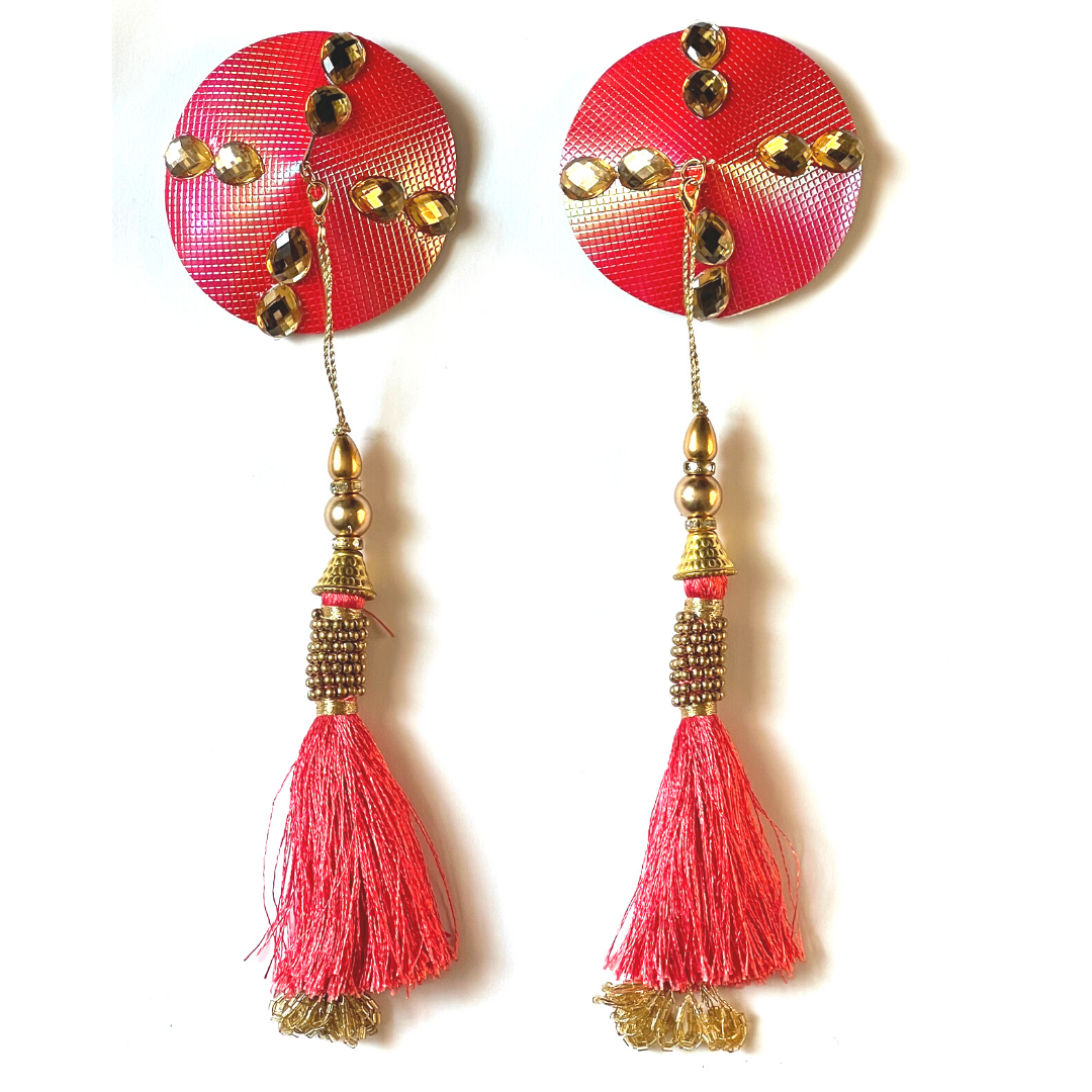 BELLINI Peachy Pink Shimmer Leather-like, Nipple Cover (2pcs) Pasties with Gold Gems and Beaded Tassels for Lingerie Carnival Burlesque Rave