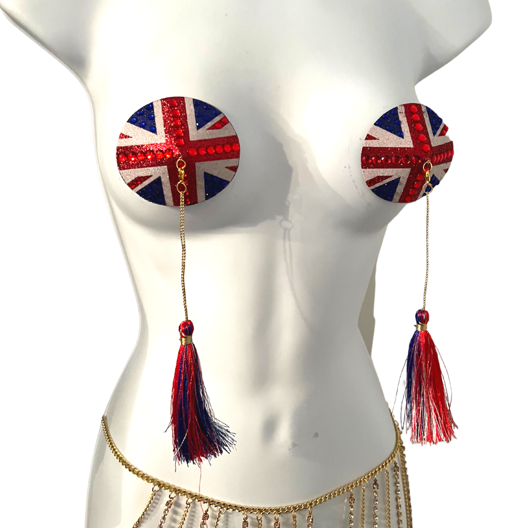 POSH Union Jack Glitter & Gem, Nipple Cover (2pcs) Pasties with Removable Tassels for Lingerie Carnival Burlesque Rave