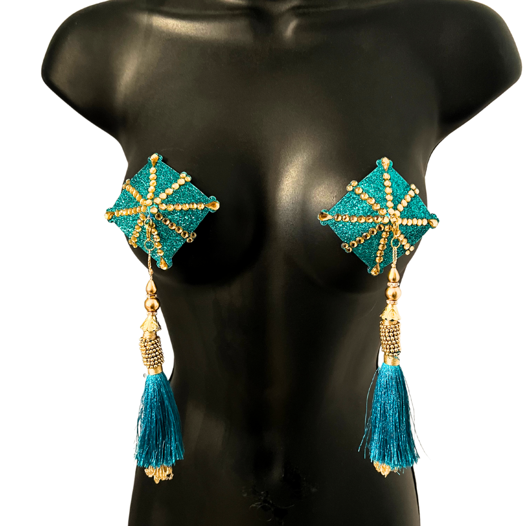 CELESTE  Teal and Gold Diamond Shaped Pasties, Nipple Covers w/ Removable Tassels (2pcs)