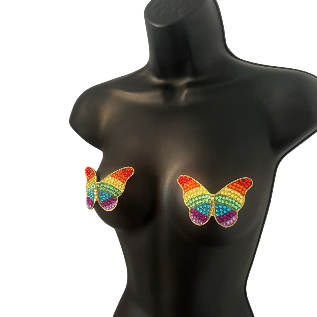 RAINBOW BRIGHT - Cubiertas para pezones de mariposa con purpurina y gemas (2 piezas) para lencería y festivales Burlesque, Rave Pride