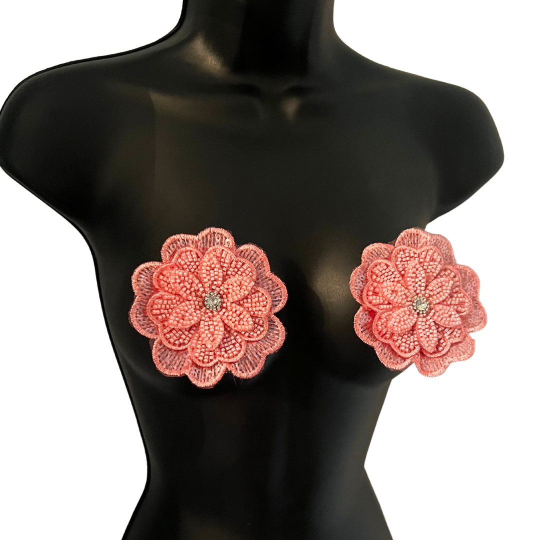 BLOSSOM BEAUTIES - Beaded and Embroidered Flower Nipple Pasties Covers (2pcs) Large! (3 colours: Hot Pink; Yellow or Light Pink)