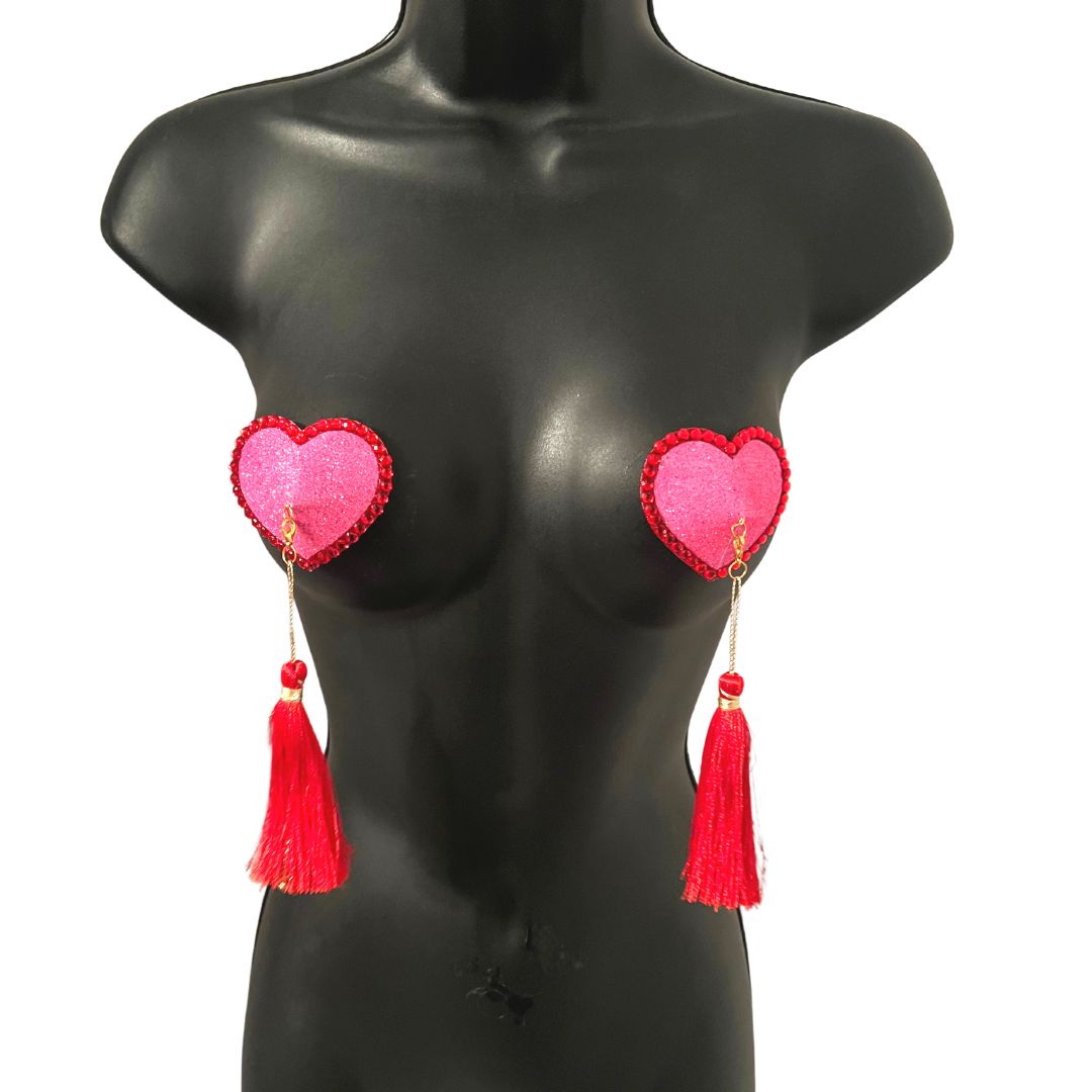 LOVE BOMB  Pink & Red Glitter Heart Nipple Pasties, Pasty (2pcs) with Tassels