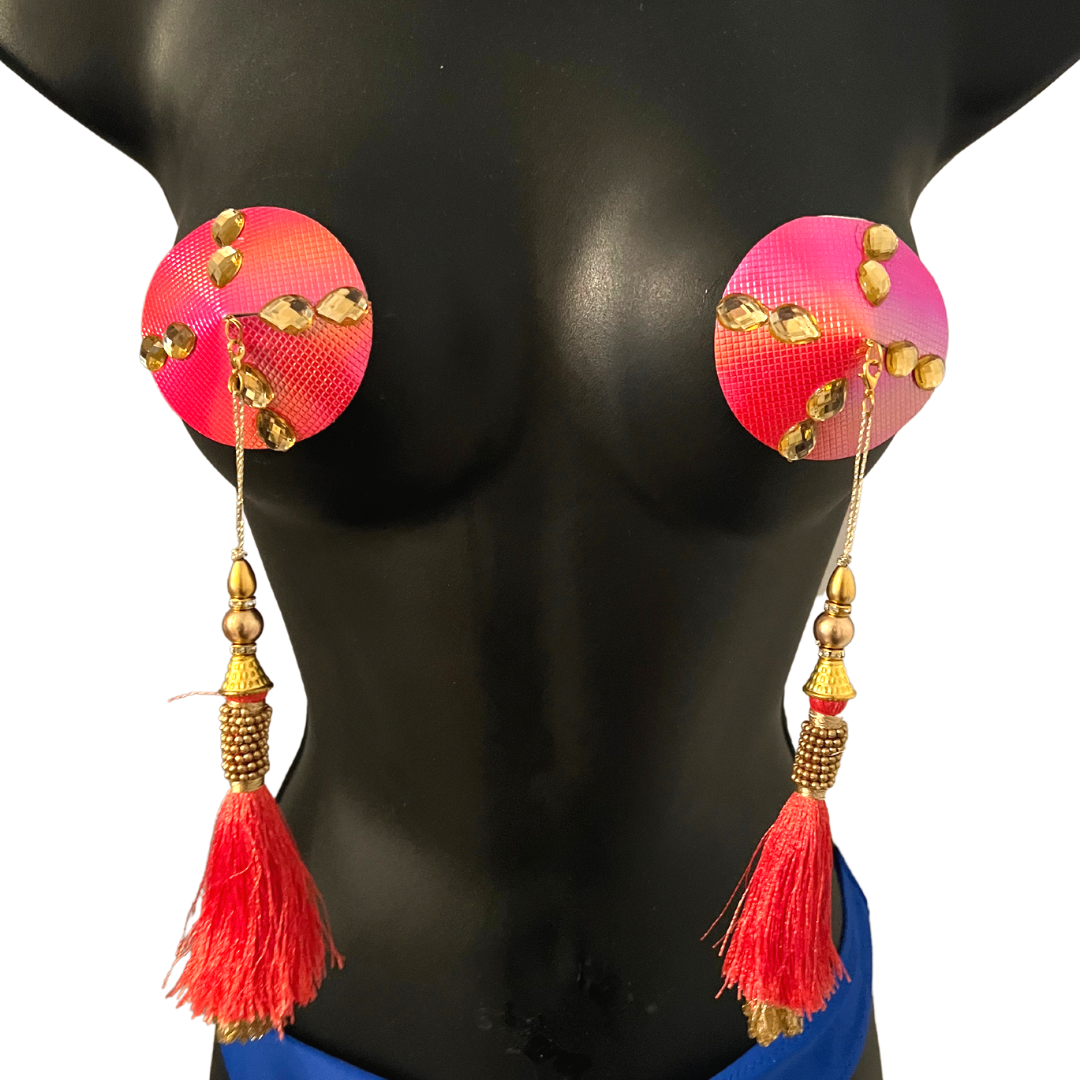 BELLINI Peachy Pink Shimmer Leather-like, Nipple Cover (2pcs) Pasties with Gold Gems and Beaded Tassels for Lingerie Carnival Burlesque Rave