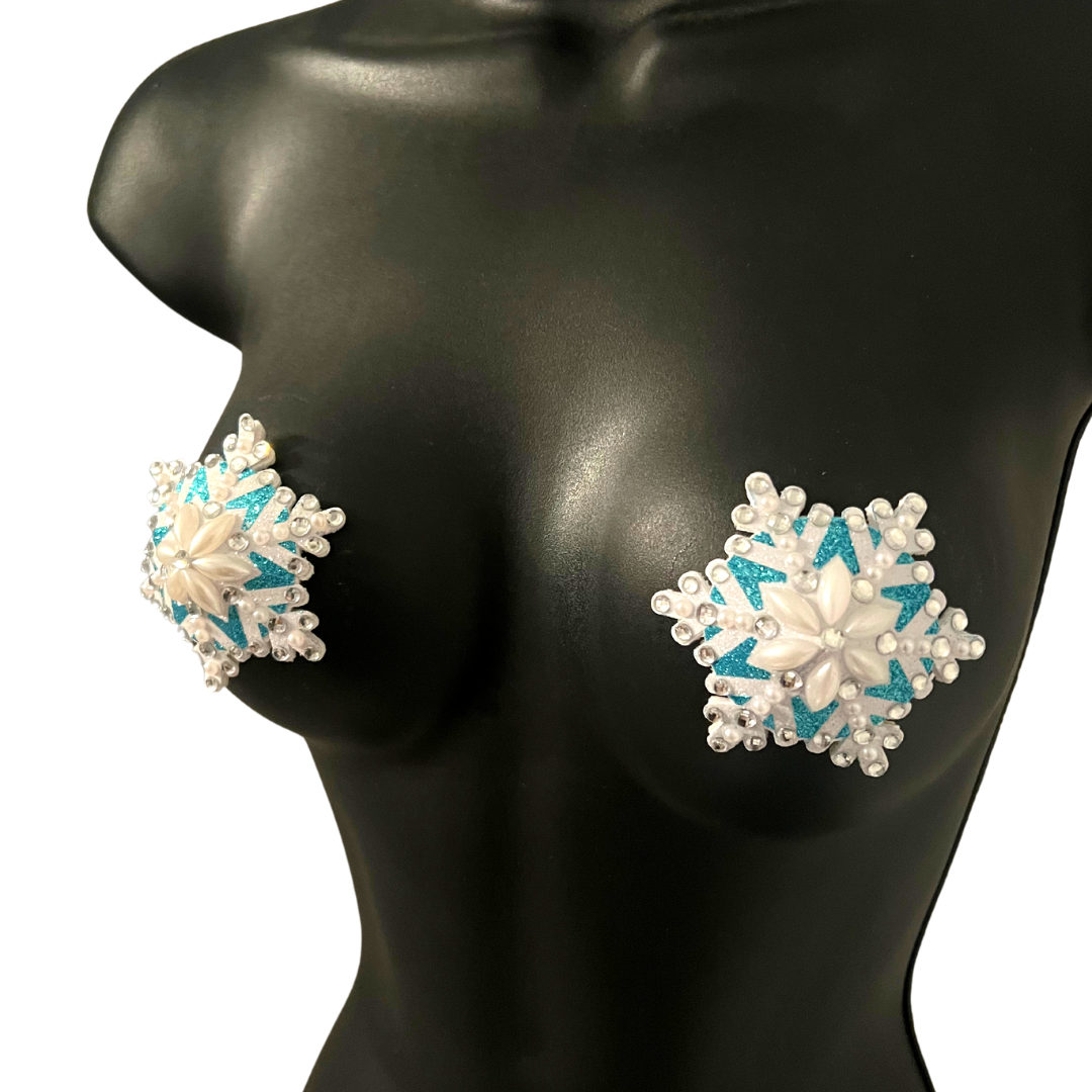 SNOW BUNNY Blue & White Snowflake Pearl and Gem Nipple Pasties, Pasty (2pcs)  (2pcs) Burlesque Lingerie Raves and Festivals