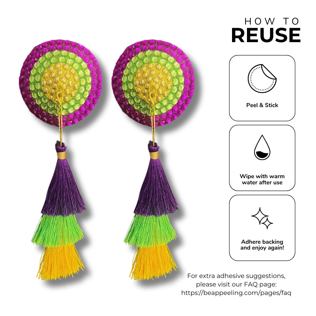 MARDI SASS Mardi Gras Themed Purple, Gold and Green Nipple Pasties Covers (2pcs) with Removable Tri Coloured Tassels