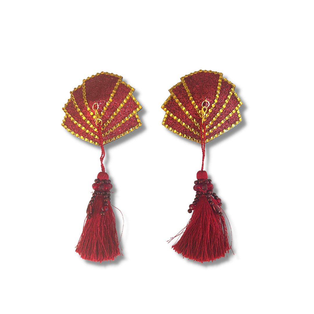 FANGIRL Burgundy Glitter and Gold Gem Nipple Cover (2pcs) Pasties with Intricate Removable Tassels for Lingerie Carnival Burlesque Rave