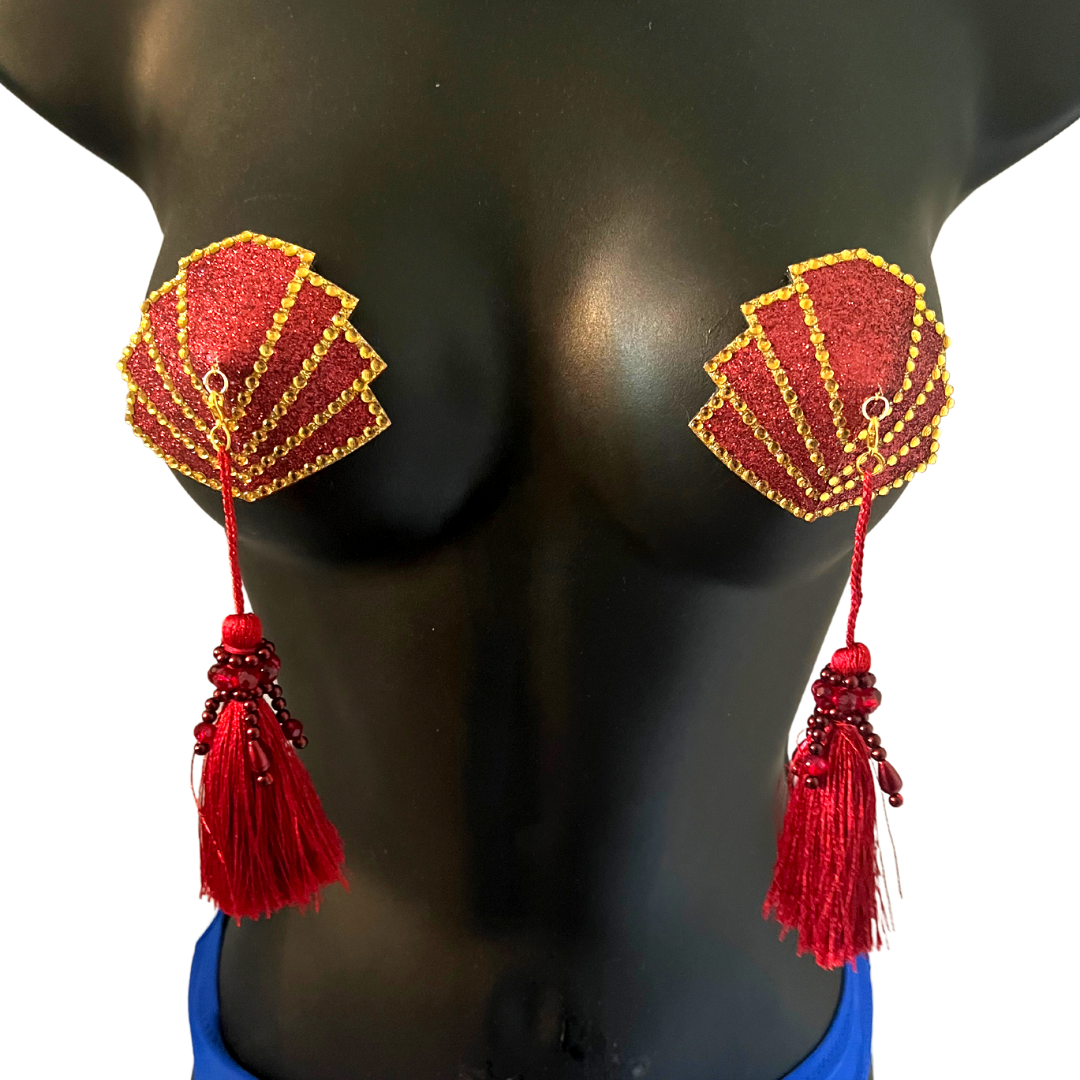 FANGIRL Burgundy Glitter and Gold Gem Nipple Cover (2pcs) Pasties with Intricate Removable Tassels for Lingerie Carnival Burlesque Rave