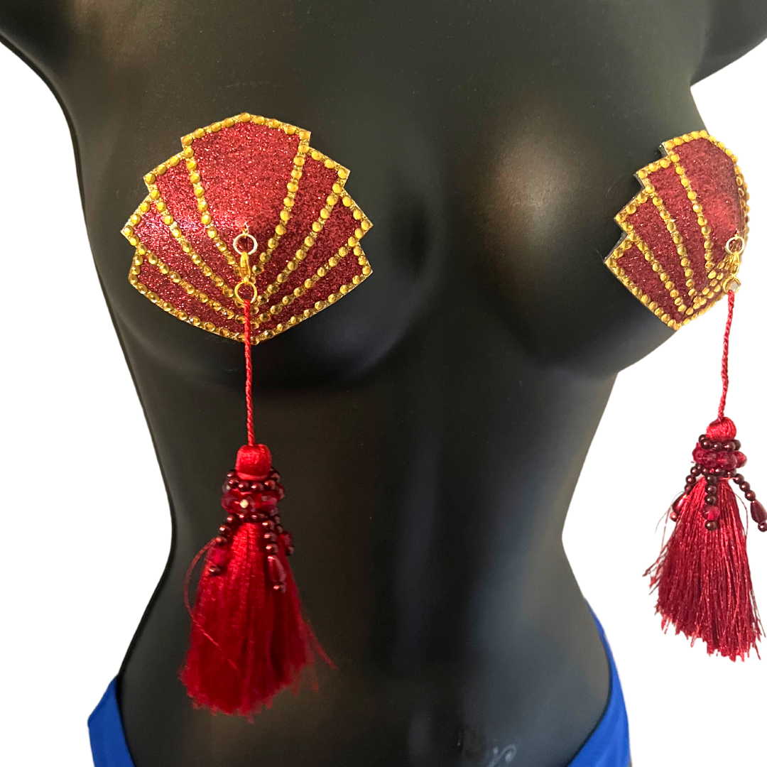 FANGIRL Burgundy Glitter and Gold Gem Nipple Cover (2pcs) Pasties with Intricate Removable Tassels for Lingerie Carnival Burlesque Rave