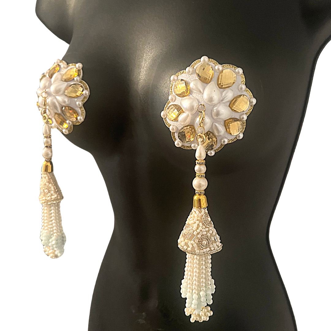 BOUQUET GARNI White Pearl and Gold Gem Nipple Pasties, Pasty (2pcs) with RemovableTassels (2pcs) Burlesque Lingerie Raves and Festivals