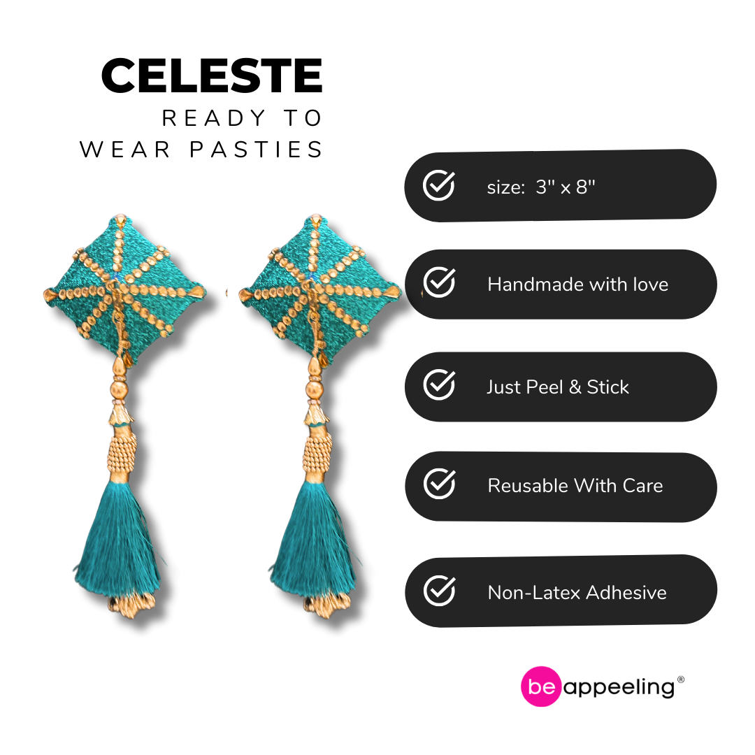 CELESTE  Teal and Gold Diamond Shaped Pasties, Nipple Covers w/ Removable Tassels (2pcs)