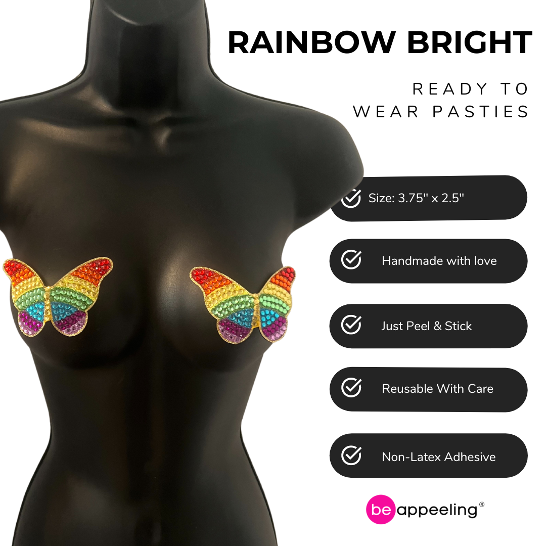 RAINBOW BRIGHT - Cubiertas para pezones de mariposa con purpurina y gemas (2 piezas) para lencería y festivales Burlesque, Rave Pride