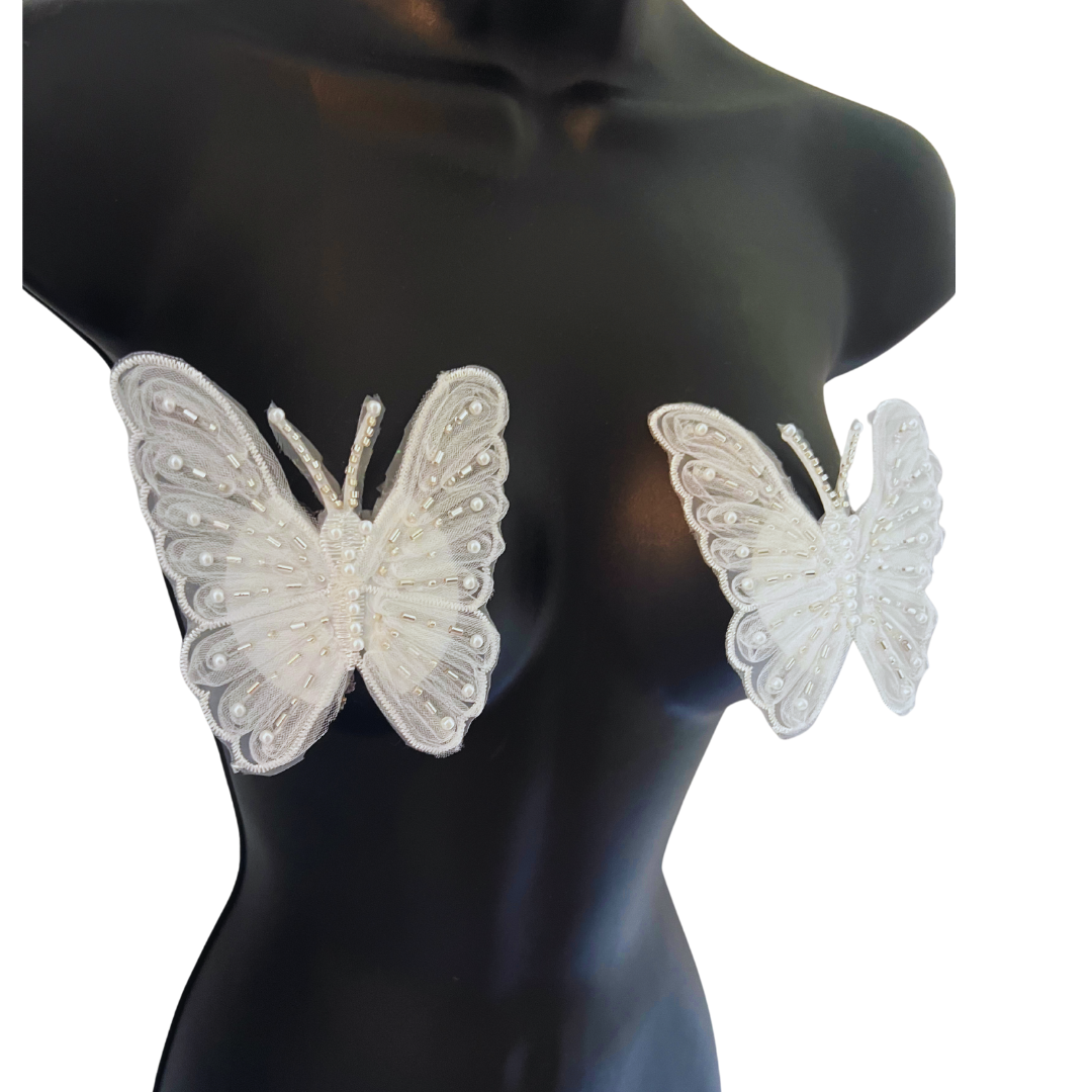 PAPILLON - White Lace Embroidered Butterfly Nipple Pasties Covers (2pcs) Large!