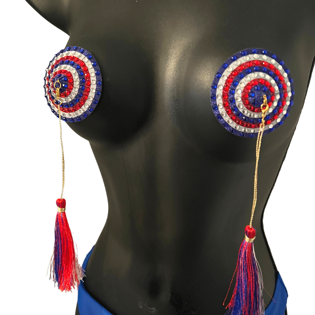 PINUP Red, White and Blue Glitter & Gem, Nipple Cover (2pcs) Pasties with Removable Tassels for Lingerie Carnival Burlesque Rave