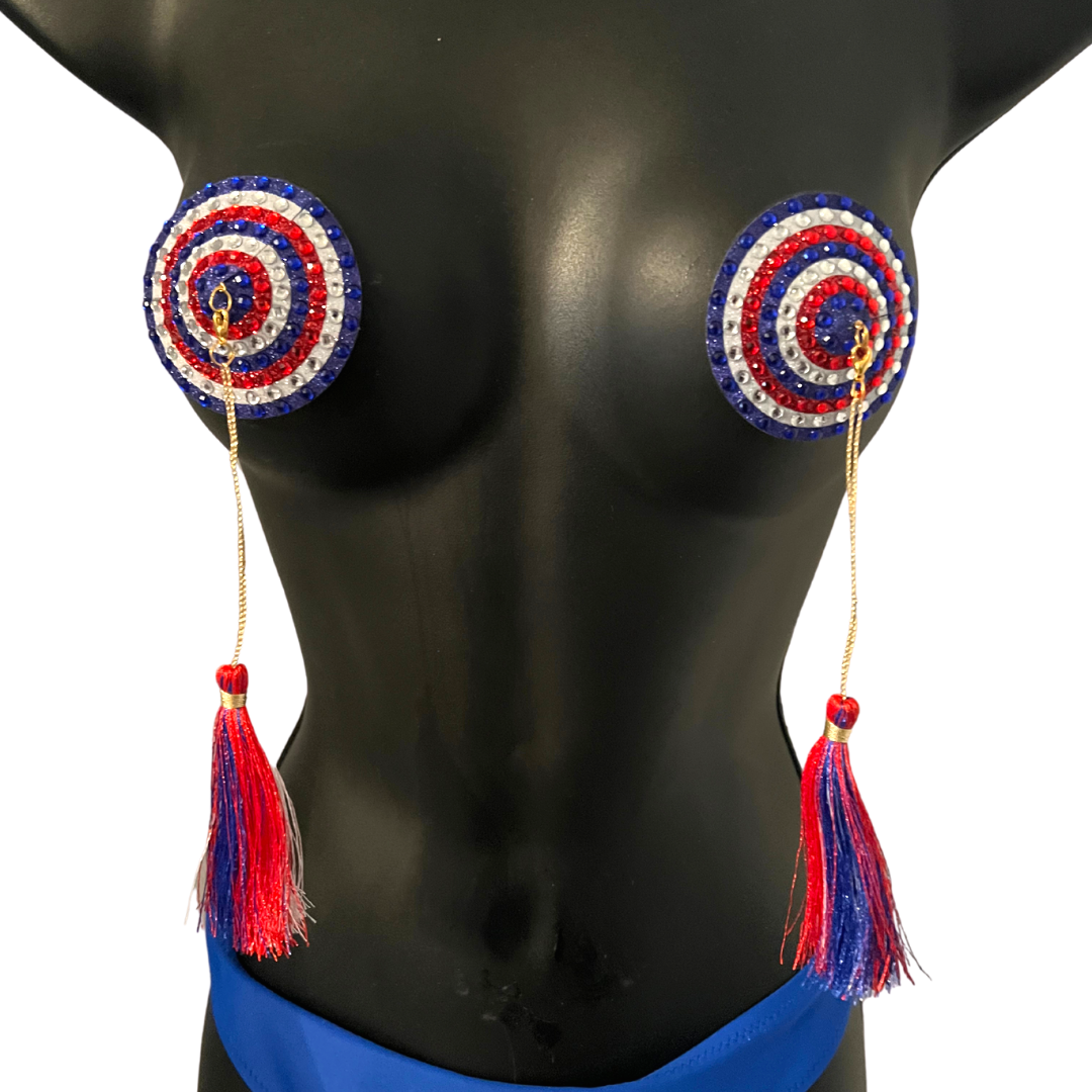 PINUP Red, White and Blue Glitter & Gem, Nipple Cover (2pcs) Pasties with Removable Tassels for Lingerie Carnival Burlesque Rave