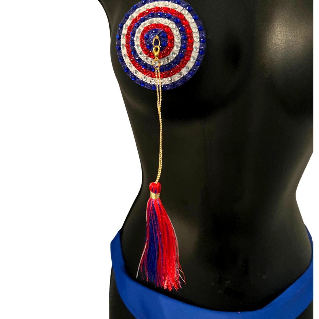 PINUP Red, White and Blue Glitter & Gem, Nipple Cover (2pcs) Pasties with Removable Tassels for Lingerie Carnival Burlesque Rave