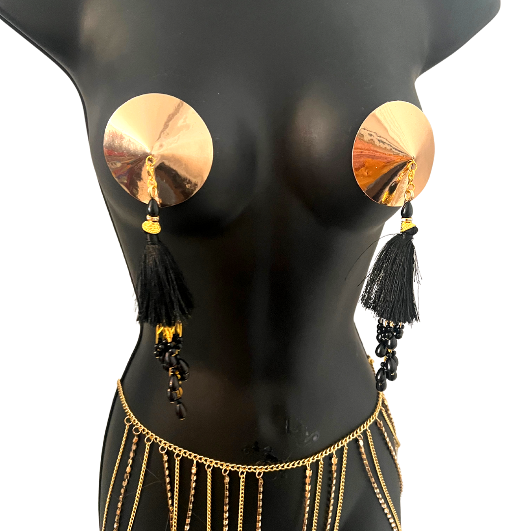 MISS DEMEANOR Gold Foil Nipple Pasty, Nipple Cover (2pcs) with Black Beaded Removable Tassels for Lingerie Festivals Carnival Burlesque Rave