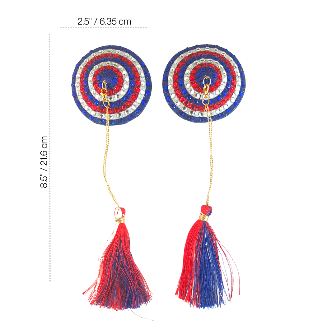 PINUP Red, White and Blue Glitter & Gem, Nipple Cover (2pcs) Pasties with Removable Tassels for Lingerie Carnival Burlesque Rave
