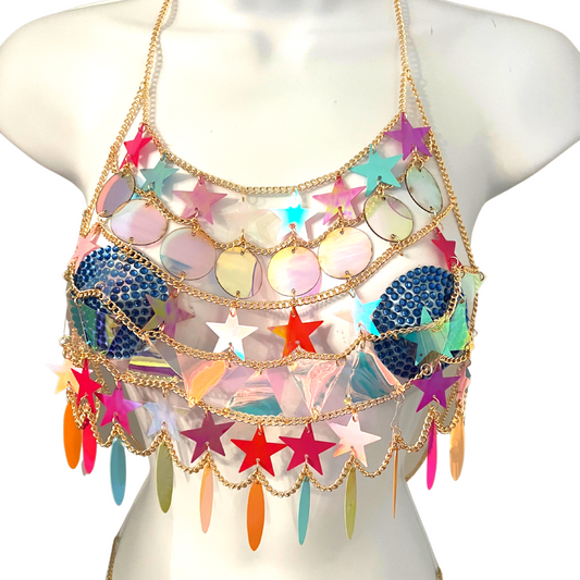 DAYDREAMER Gold Body Chain / Body Jewelry with Multicolour Stars and Circles for Lingerie Rave Burlesque Festivals