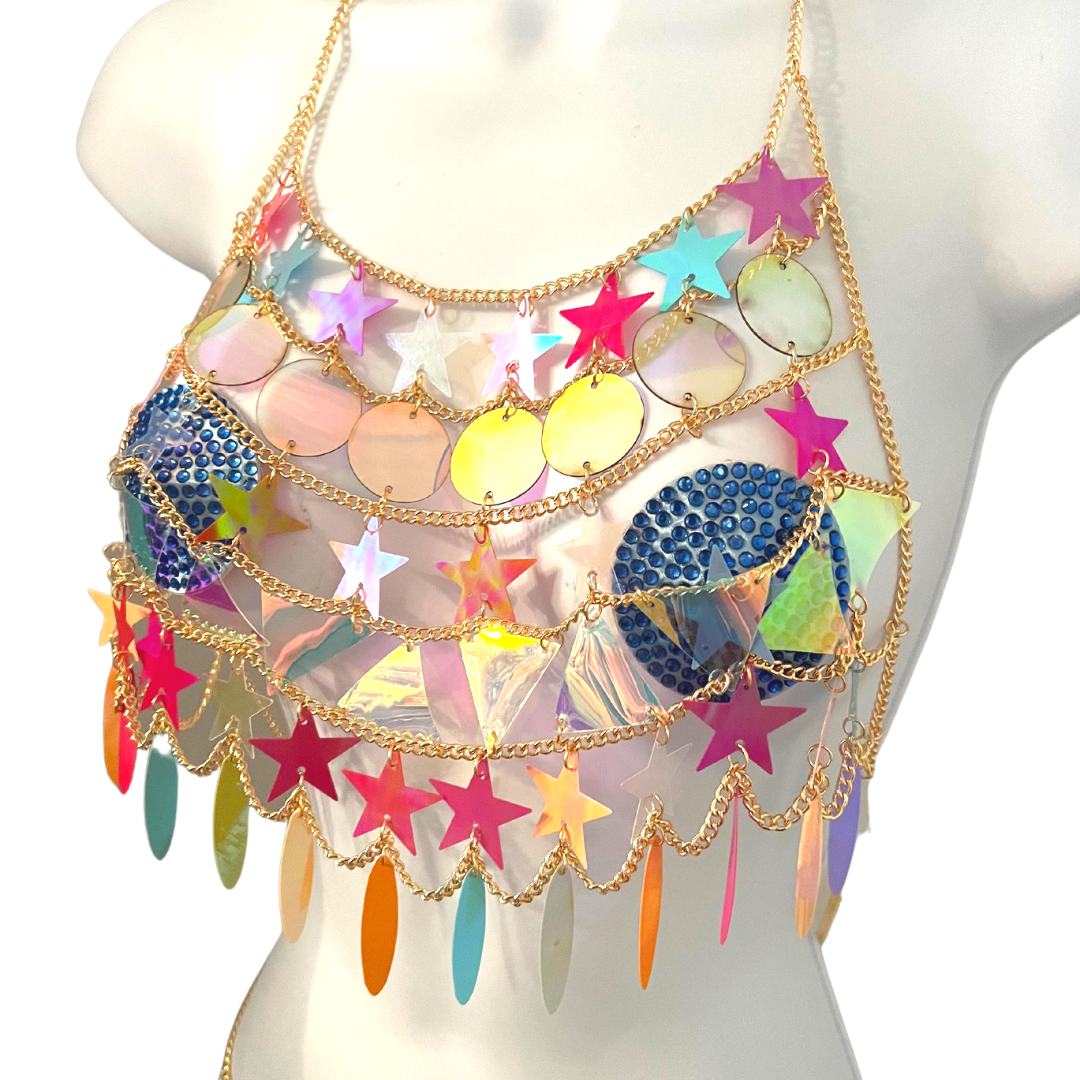 DAYDREAMER Gold Body Chain / Body Jewelry avec étoiles et cercles multicolores pour les festivals Lingerie Rave Burlesque