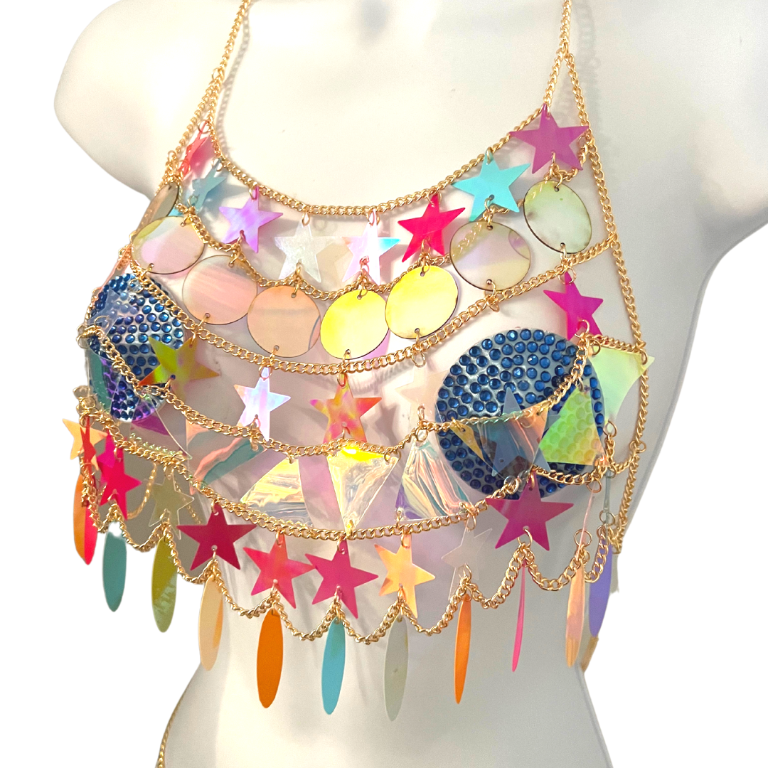 DAYDREAMER Gold Body Chain / Body Jewelry with Multicolour Stars and Circles for Lingerie Rave Burlesque Festivals