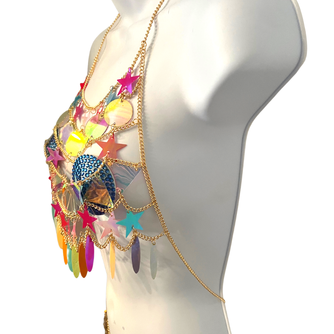 DAYDREAMER Gold Body Chain / Body Jewelry avec étoiles et cercles multicolores pour les festivals Lingerie Rave Burlesque