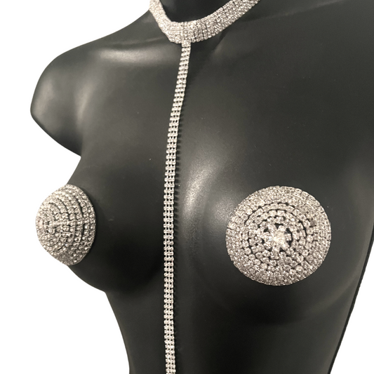 BLONDE AMBITION Rhinestone Silver Conical Pasties, Nipple Covers (2pcs) for Lingerie Burlesque Raves Festivals and More