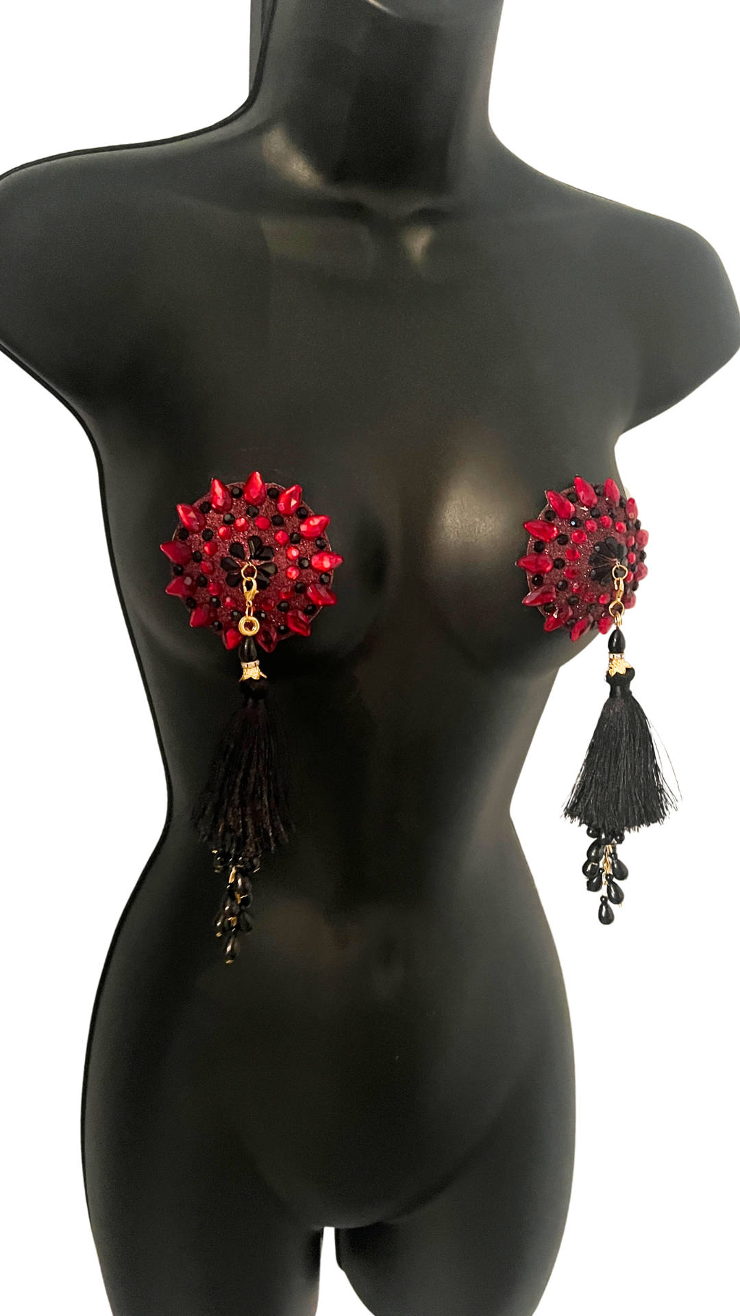 POUSSÉ CAFÉ Cherry Red and Black Crystal Nipple Pasty, Nipple Cover (2pcs) with Beaded Tassels