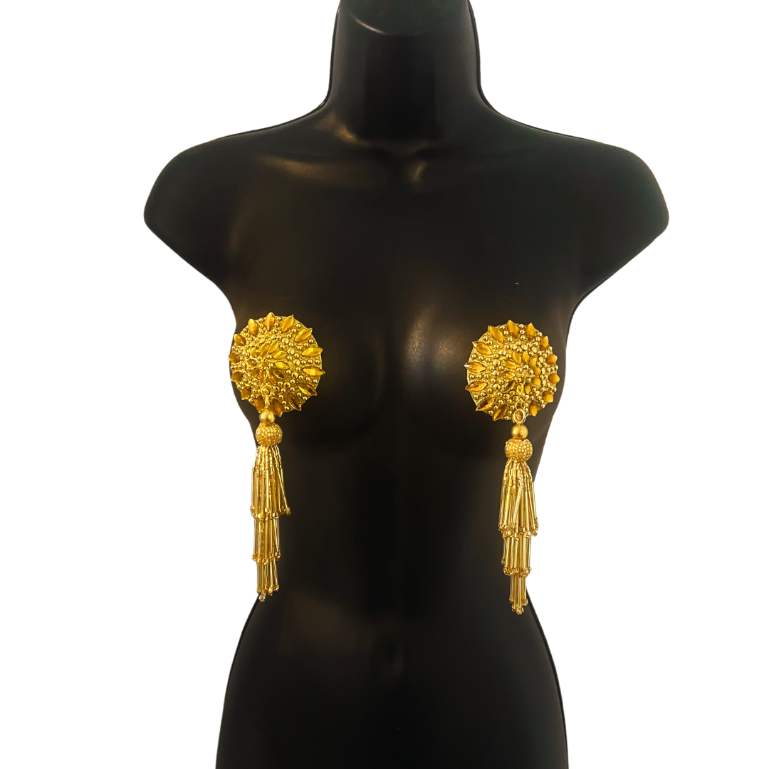 MIDAS MINX Gold Nipple Pasties Covers (2pcs) with Removable Chandalier Hand Beased Tassels