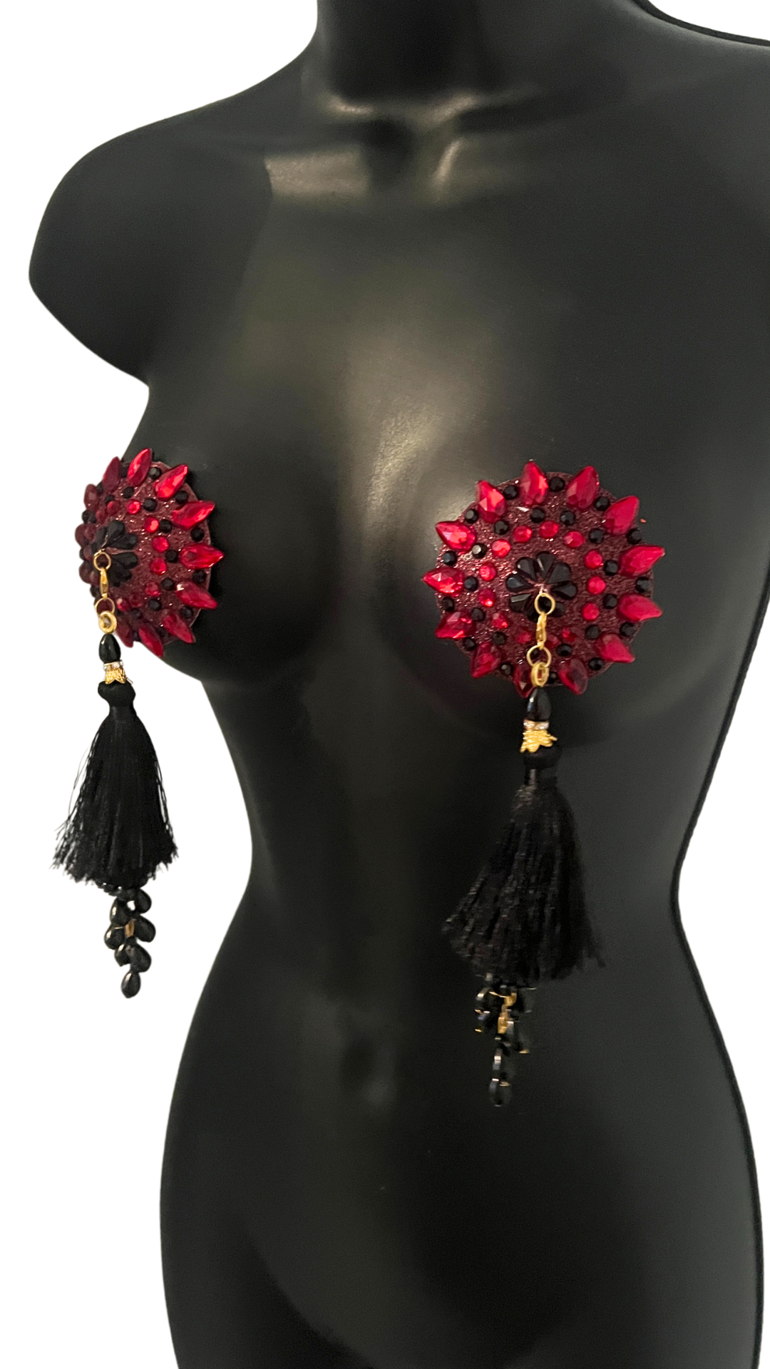 POUSSÉ CAFÉ Cherry Red and Black Crystal Nipple Pasty, Nipple Cover (2pcs) with Beaded Tassels