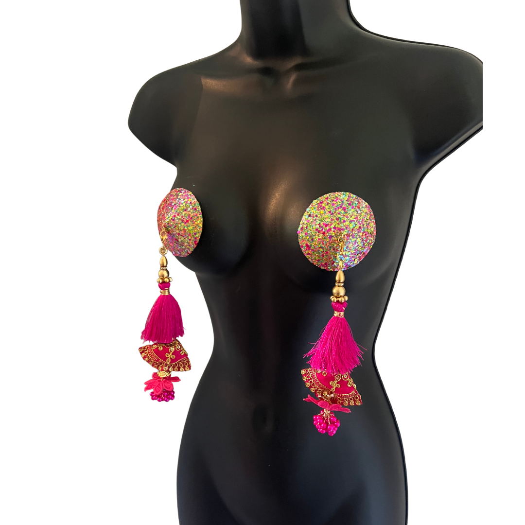 GLITTERATI (Limited Edition) Multi-Colour Glitter Circle Pasties, Pasty (2pcs) with Gorgeous Multi Layered Tassels