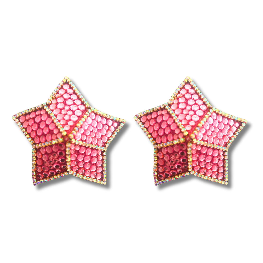 STARLIGHT Pink Glitter, Gem Stars with Rhinestone Accent Trim  Pasties Nipple Covers (2pcs)