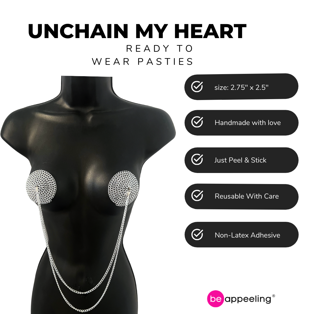 UNCHAIN ​​MY HEART Pasta para pezones con cadena plateada con cadena extraíble (3 piezas)