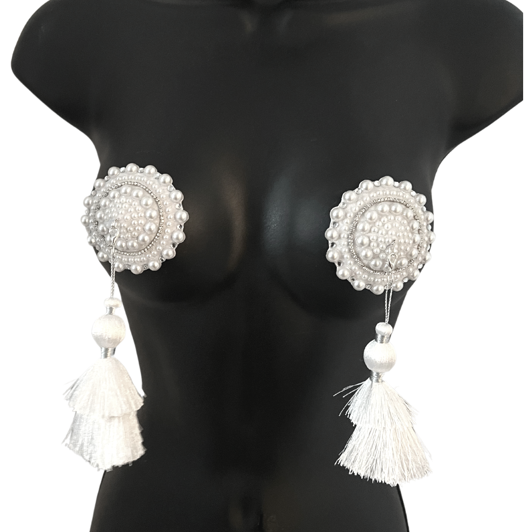 PEARL SHOWGIRL Pearl and Rhinestone Nipple Pasty, Covers (2pcs) with Removable Tassels For Lingerie Festivals Carnival Burlesque Raves