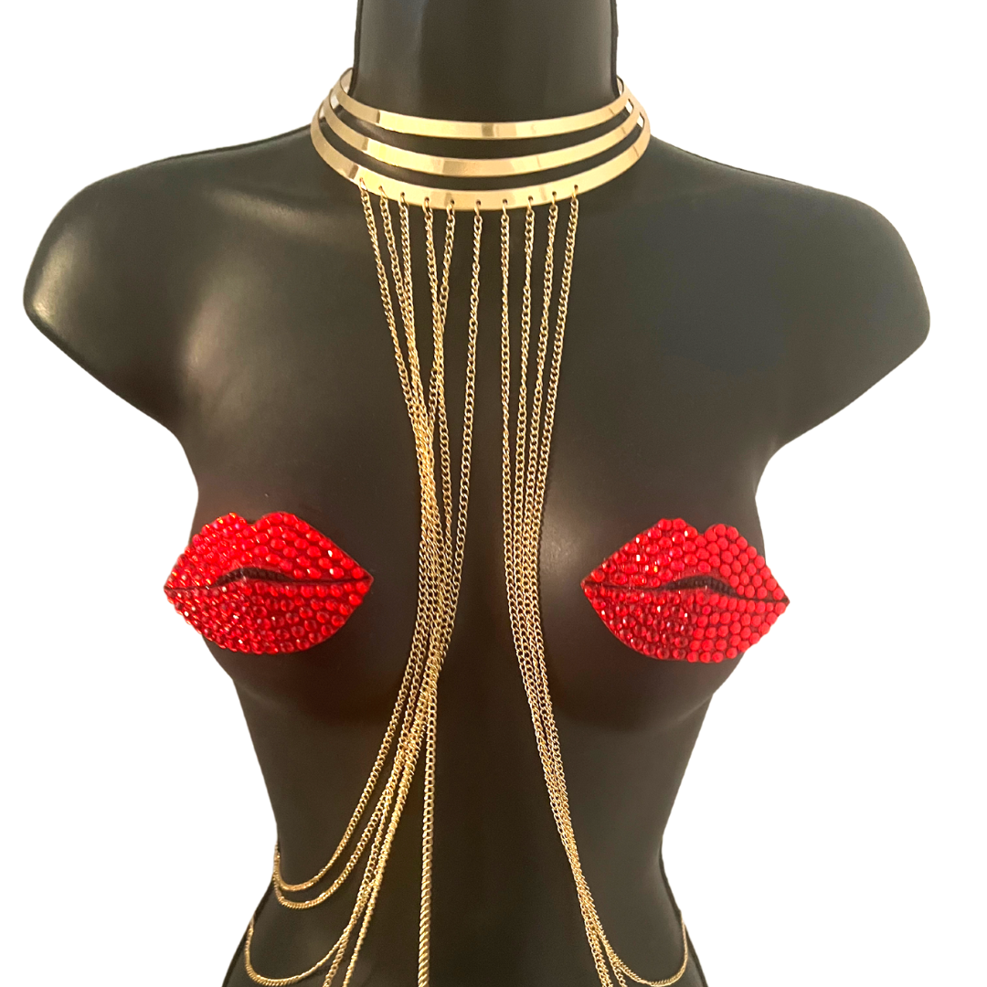 HOT LIPS Red Glitter Lips Pezón Pasties, Cubiertas (2pcs) para Festivales Raves de Lencería Burlesque