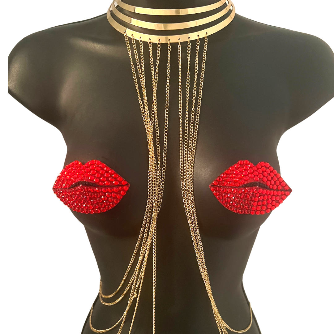 HOT LIPS Red Glitter Lips Pezón Pasties, Cubiertas (2pcs) para Festivales Raves de Lencería Burlesque