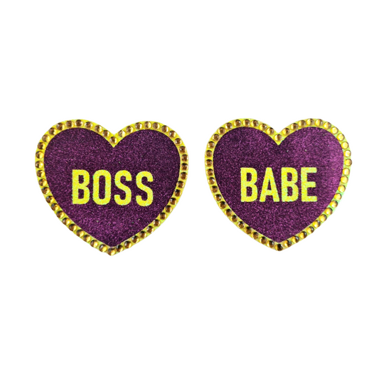 LABELS Glitter & Crystal Heart Shaped Nipple Pasties, Covers (2pcs) with Titles for Burlesque Raves Lingerie Carnival