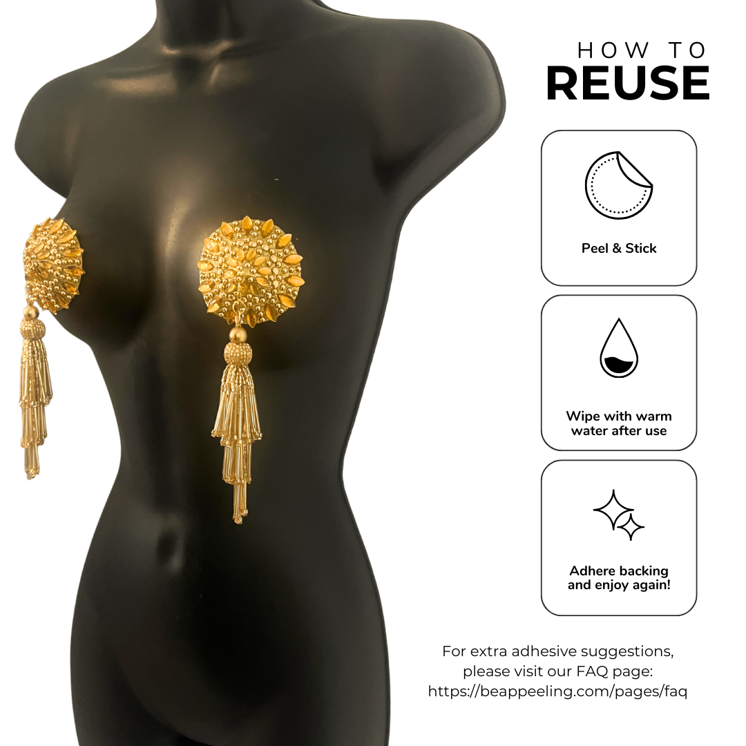 MIDAS MINX Gold Nipple Pasties Covers (2pcs) with Removable Chandalier Hand Beased Tassels