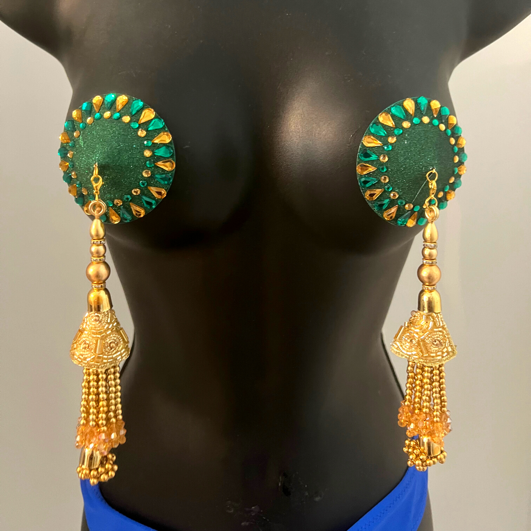 WILLOW Forest Green and Gold Nipple Pasties, Covers with Hand Beaded Pearl and Gem Tassels (2pcs) Burlesque Lingerie Raves and Festivals