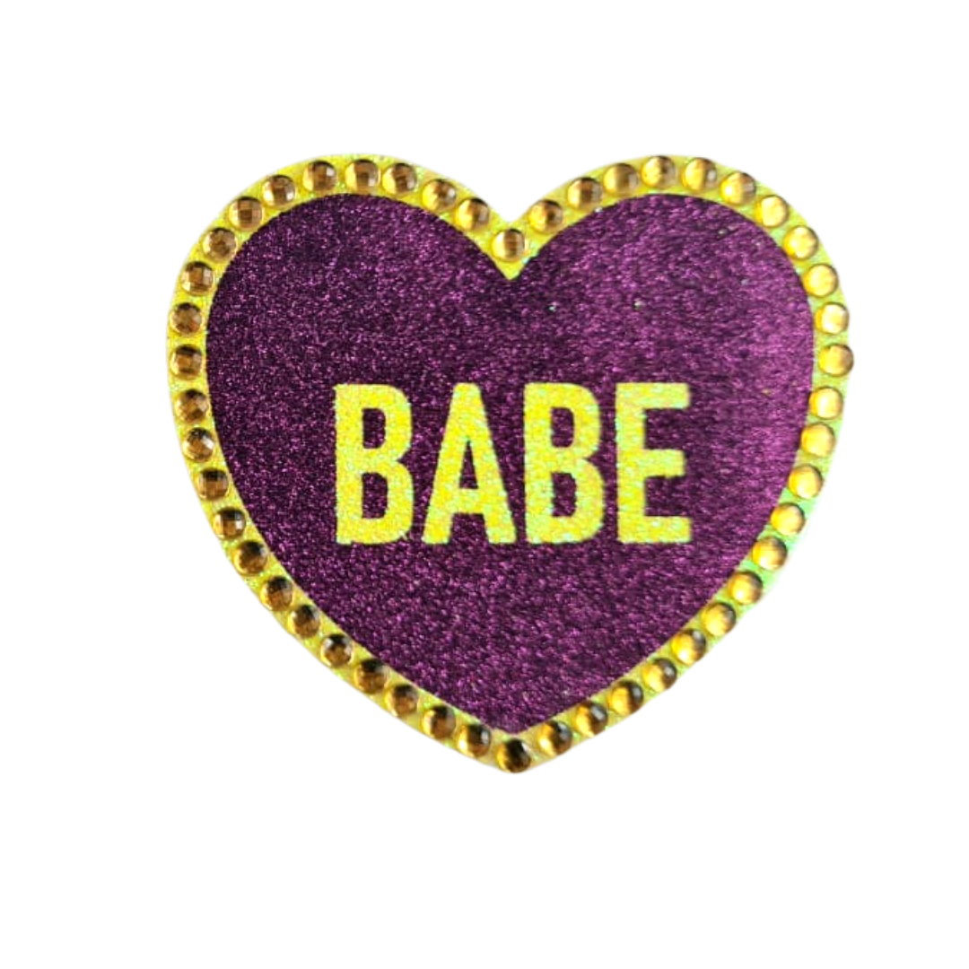 Queen Bee – Glitter & Crystal Heart Shaped Nipple Pasties, Covers (2pcs) with Titles for Burlesque Raves Lingerie Carnival