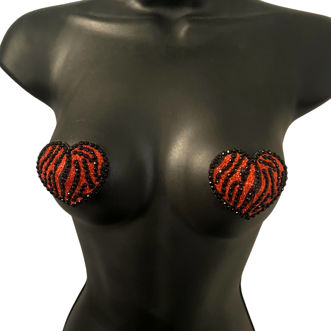 TIGER QUEEN Corazón naranja y negro, empanadas para pezones con gemas con estampado de tigre, pastosas (2 piezas)