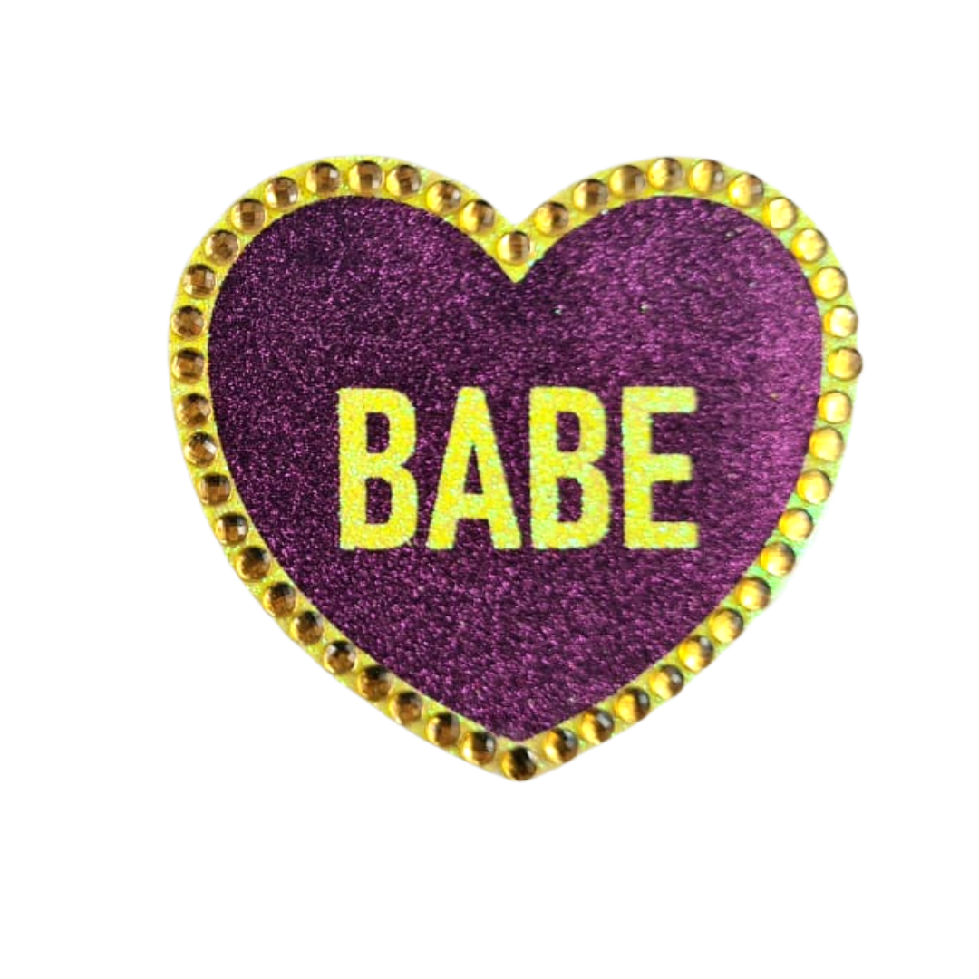 BOSS BABE - Pasties para pezones en forma de corazón con purpurina y cristal, fundas (2 unidades) con títulos para carnaval de lencería Burlesque Raves