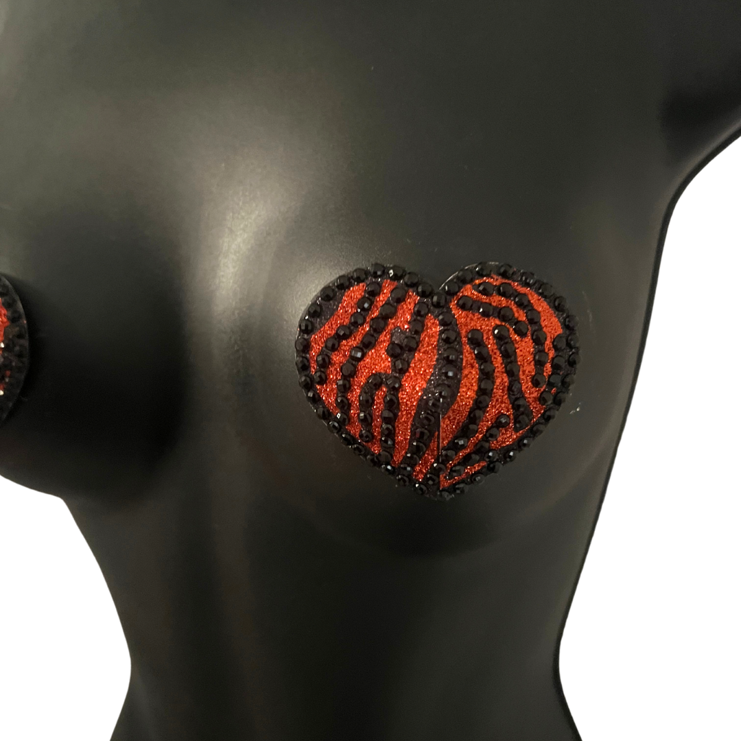 TIGER QUEEN Corazón naranja y negro, empanadas para pezones con gemas con estampado de tigre, pastosas (2 piezas)