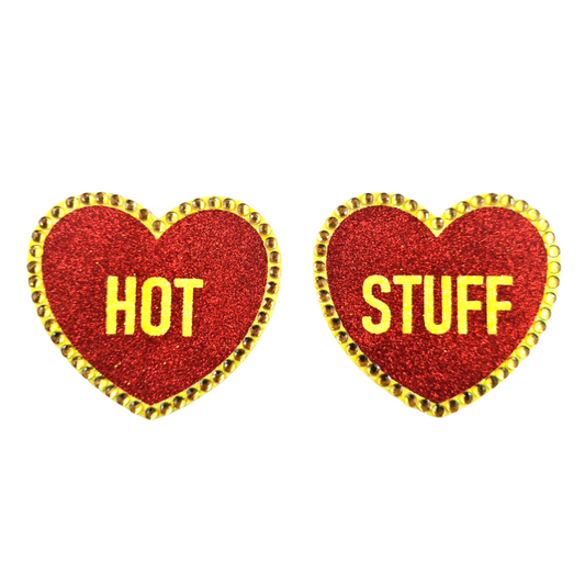 HOT STUFF - Glitter & Crystal Heart Shaped Nipple Pasties, Covers (2pcs) with Titles for Burlesque Raves Lingerie Carnival