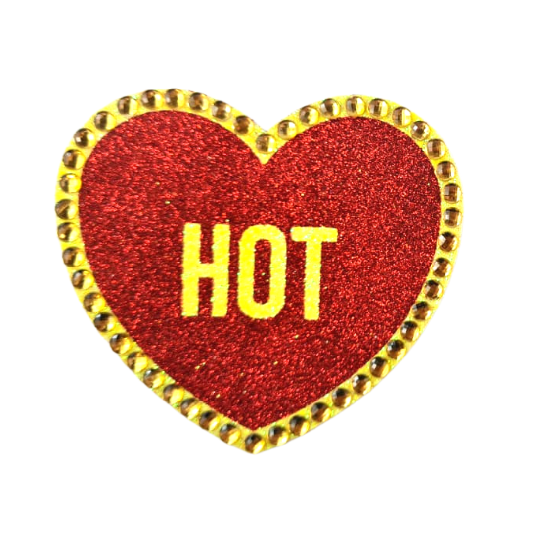 HOT STUFF - Glitter & Crystal Heart Shaped Nipple Pasties, Covers (2pcs) with Titles for Burlesque Raves Lingerie Carnival