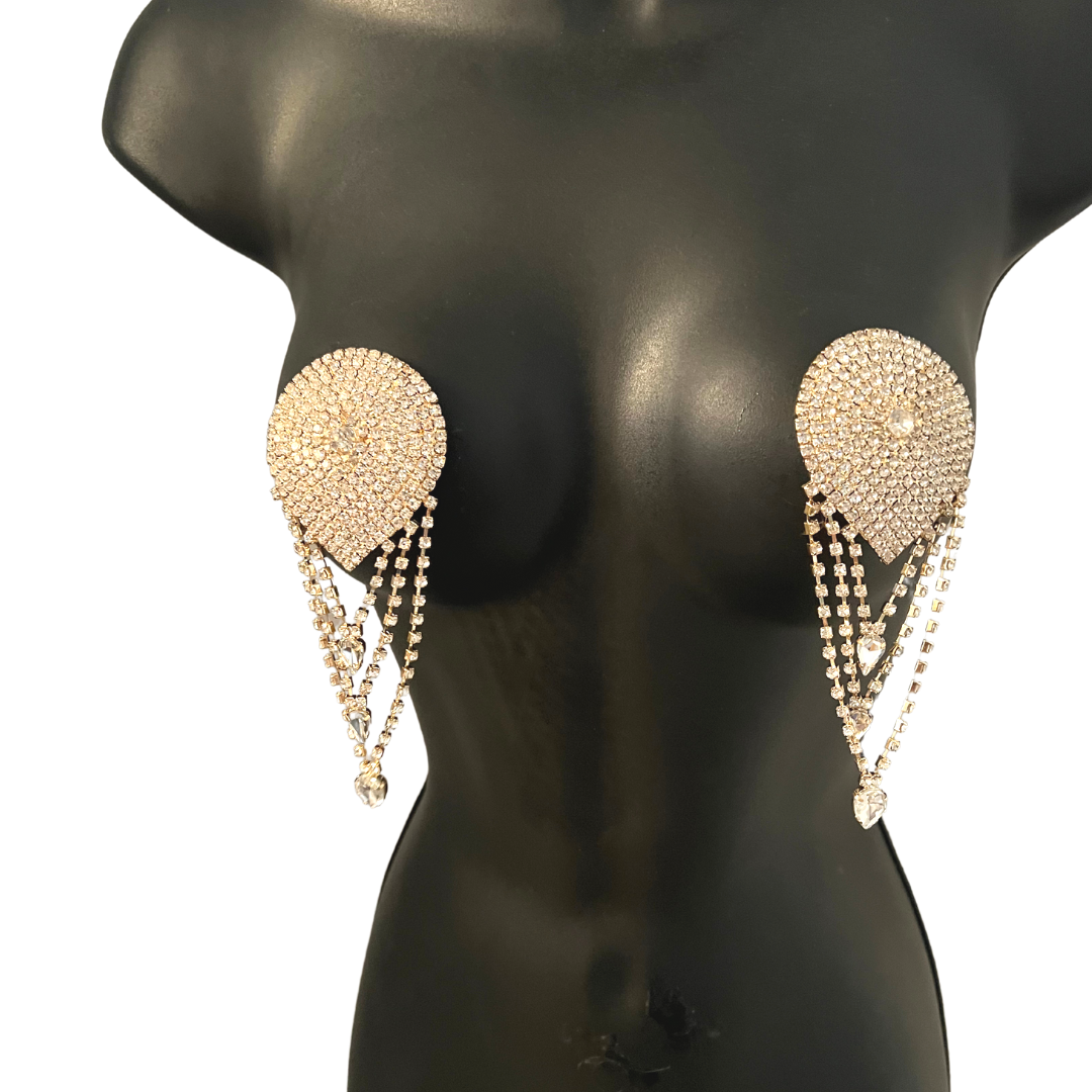 IVANNA LOTT Pasties para pezones en forma de lágrima de diamantes de imitación con borlas de diamantes de imitación (2 piezas), fundas para festivales, lencería burlesca de raves de carnaval