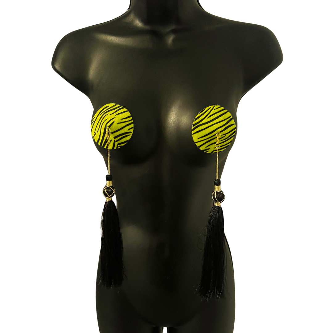 BORN TO Be WILD Yellow faux Fur, black stripe Nipple Pasty, Nipple Cover (2pcs) with Removable Tassels