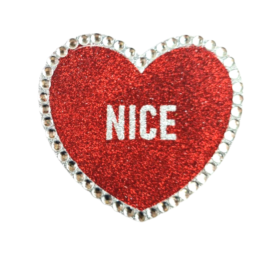 Naughty and Nice – Glitter & Crystal Heart Shaped Nipple Pasties, Covers (2pcs) with Titles for Burlesque Raves Lingerie Carnival